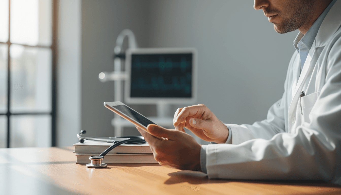 Dr. Leandro Fioravanti consultando registros de pacientes em consultório moderno