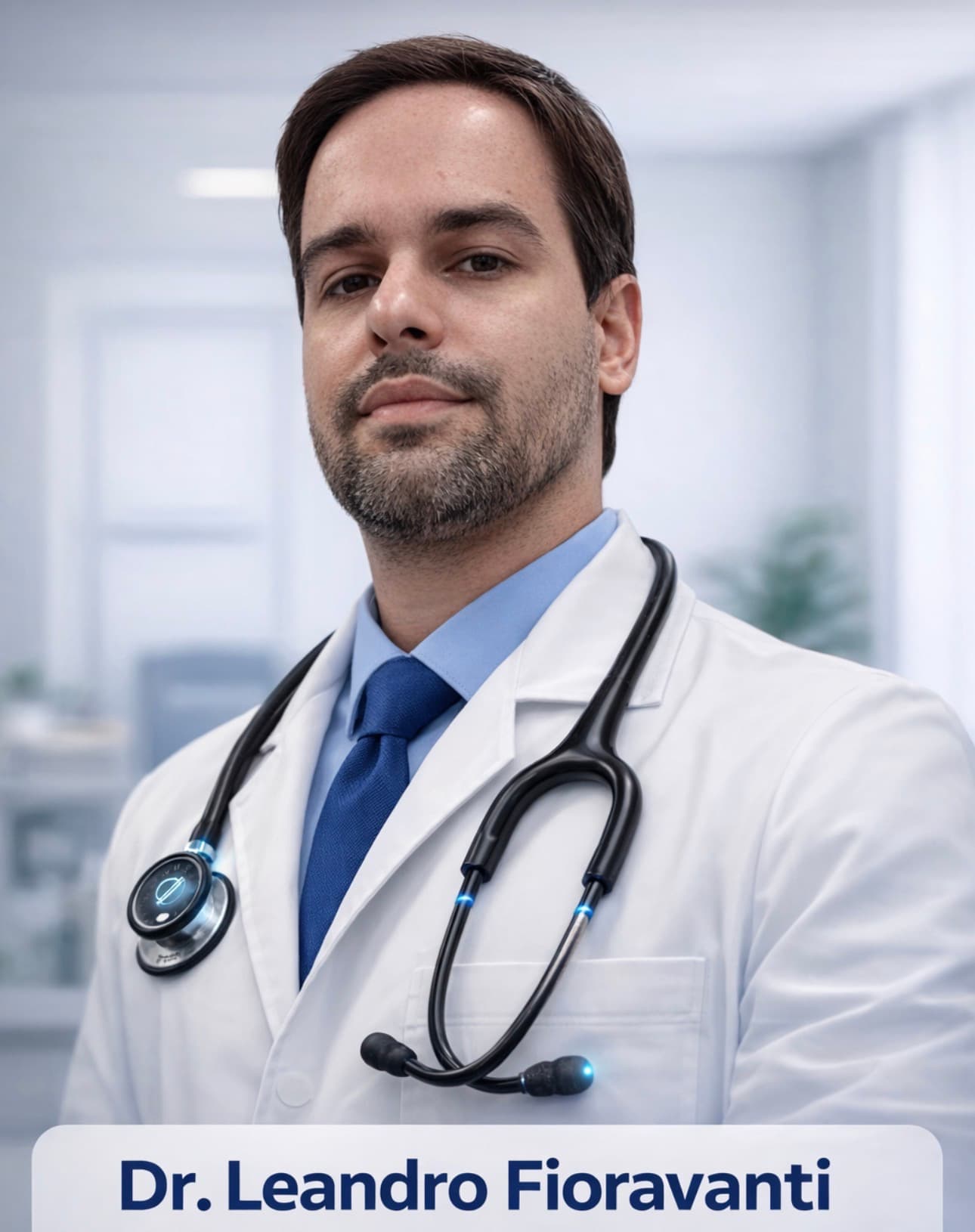 Dr. Leandro Fioravanti, médico de jaleco branco e estetoscópio, em um fundo de consultório desfocado.