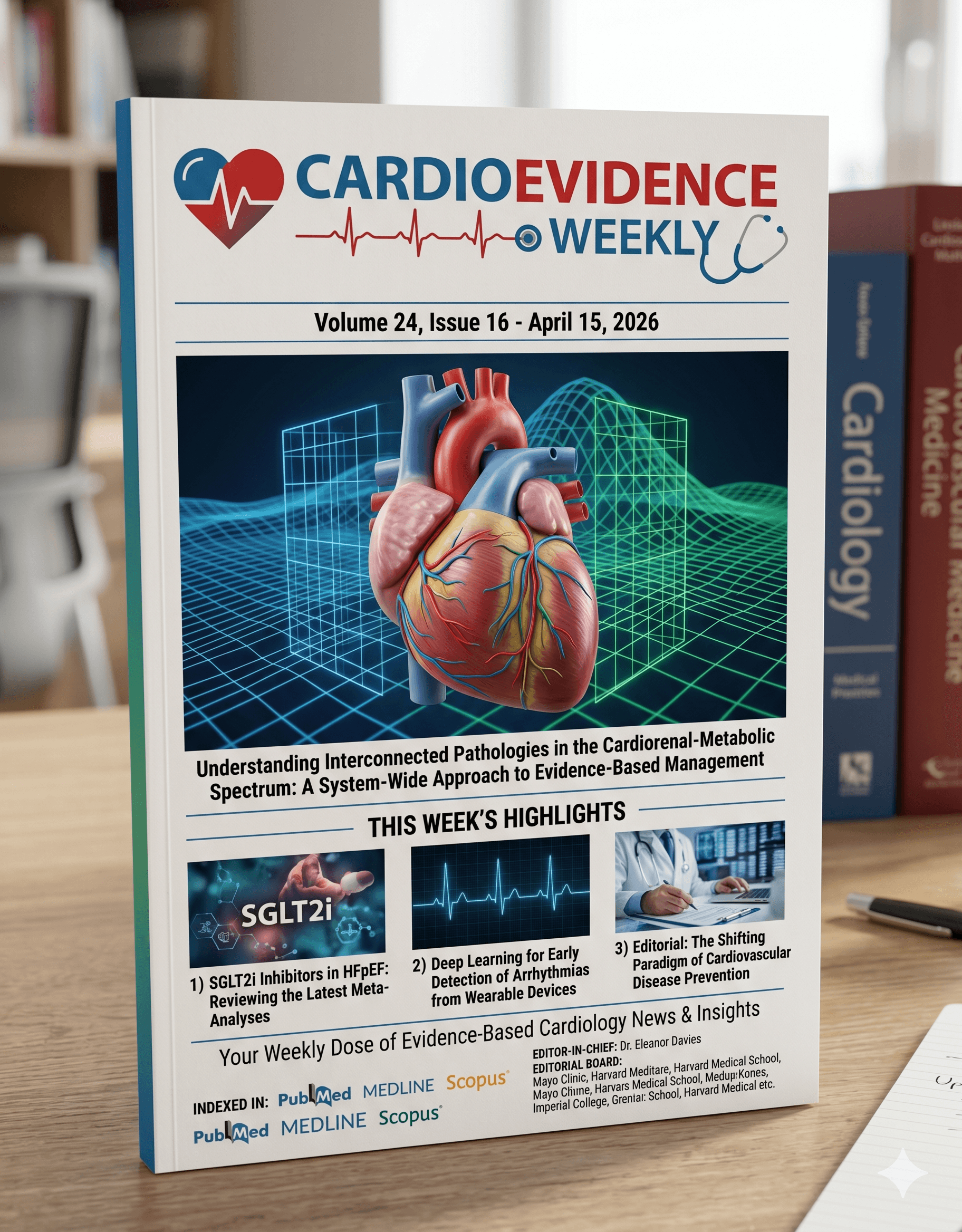 Capa da revista CardioEvidence Weekly com coração anatômico 3D e destaques sobre medicina cardiovascular.