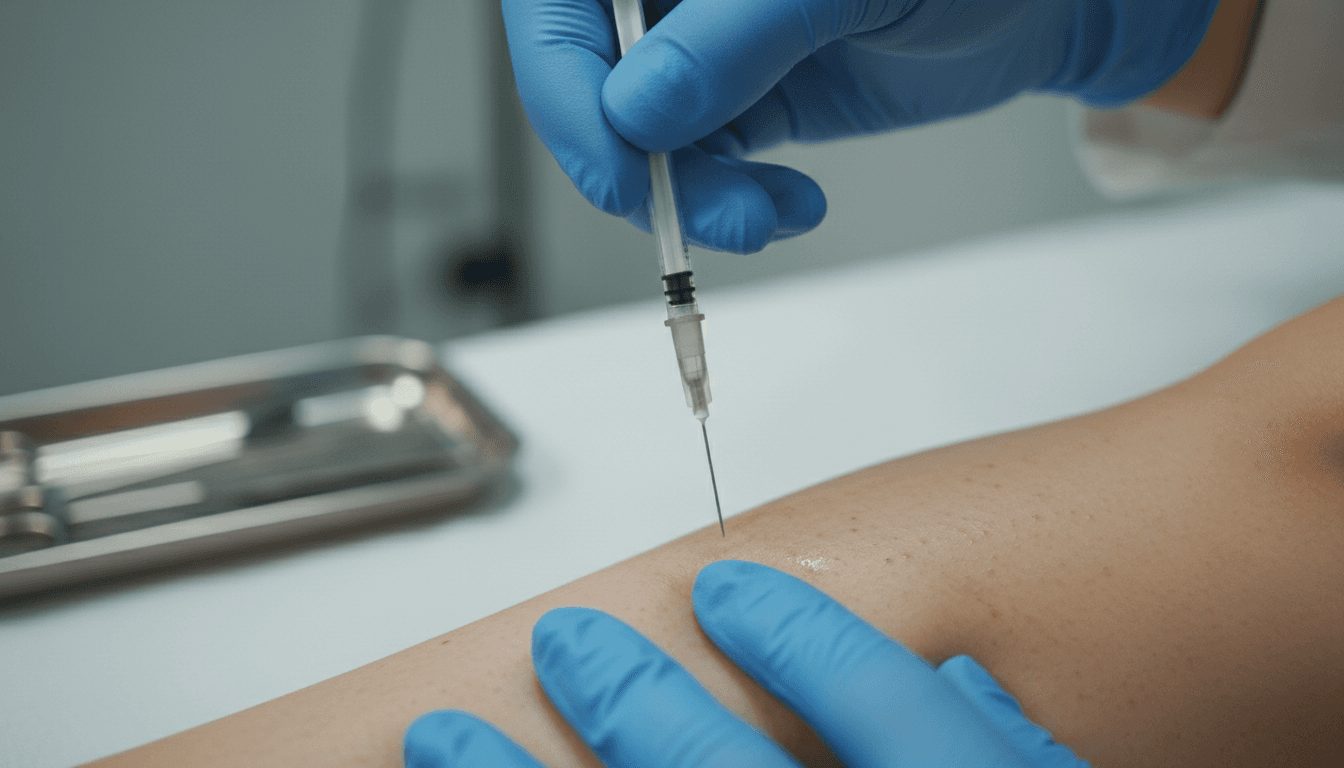 Médico aplicando espuma com agulha fina na perna do paciente