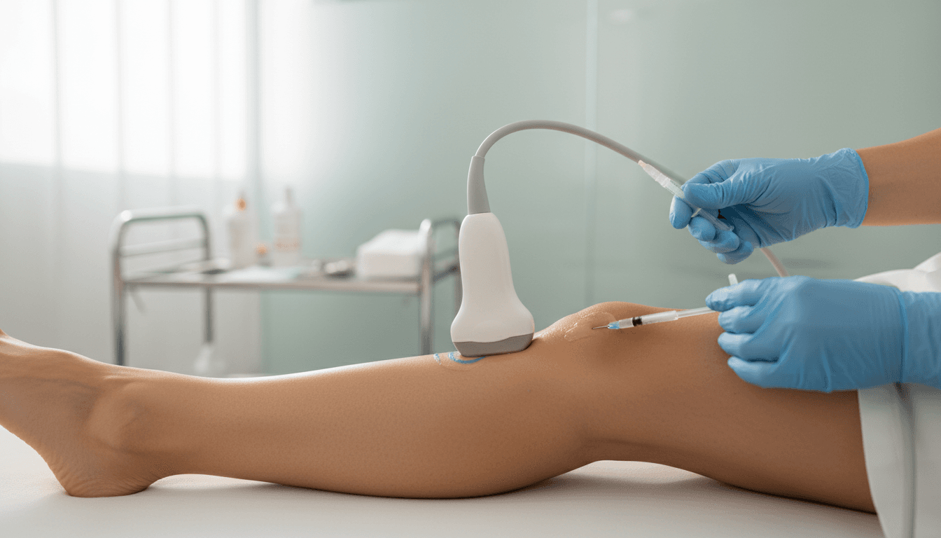 Médico vascular realizando aplicação de espuma para varizes na perna do paciente no consultório