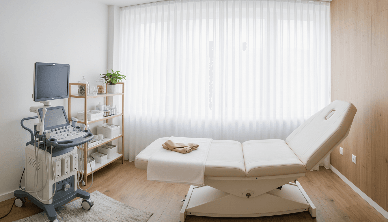 Consultório de cirurgia vascular moderno e acolhedor com maca de exame e equipamento de ultrassom